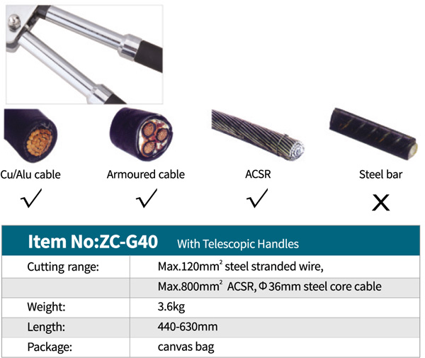 مشخصات فنی قیچی کابل بر جغجغه ای ZC-G40 زوپر