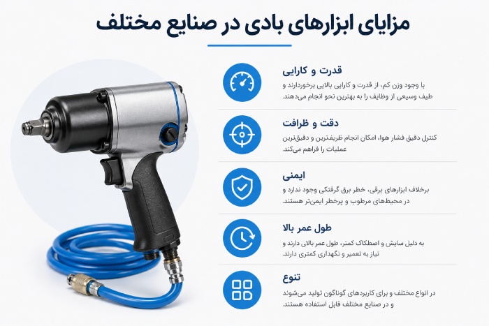 معرفی انواع ابزار بادی + موارد استفاده مزایای ابزارهای بادی در صنایع مختلف
