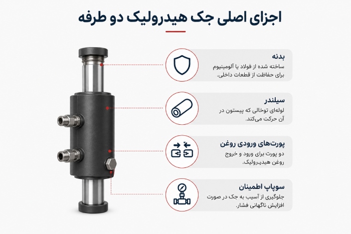 اجزای اصلی جک هیدرولیک دو طرفه